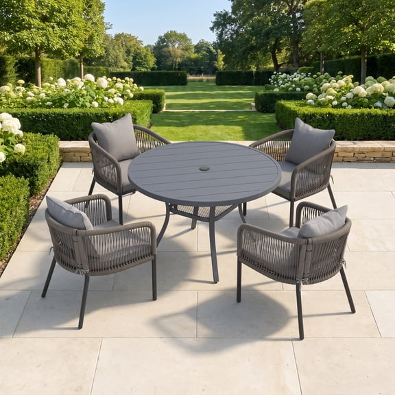 VOXBIN 5 Pieces Outdoor Patio Dining Set, 41" Gray Round Table and 4 Wicker Chairs with Soft Gray Cushions