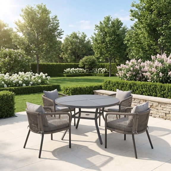 VOXBIN 5 Pieces Outdoor Patio Dining Set, 41" Gray Round Table and 4 Wicker Chairs with Soft Gray Cushions