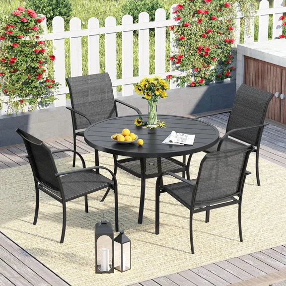 VOXBIN 5 Pieces Patio Dining Set – 40.6" Round Outdoor Table with 4 Stackable Chairs, Black Table and Dark Gray Chairs, For Garden