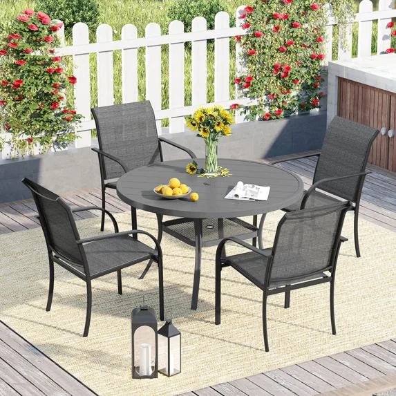 VOXBIN 5 Pieces Patio Dining Set – 40.6" Round Outdoor Table with 4 Stackable Chairs, Gray Table and Dark Gray Chairs,For Garden