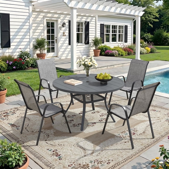 VOXBIN 5 Pieces Patio Dining Set – 40.6" Round Outdoor Table with 4 Stackable Chairs, Gray Table and Gray Chairs