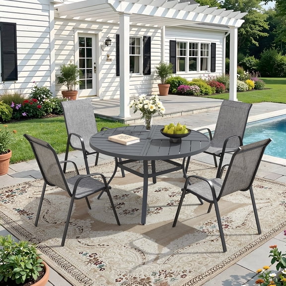 VOXBIN 5 Pieces Patio Dining Set - 40.7" Round Metal Table and 4 Stackable Chairs, Gray Table and Gray Chairs