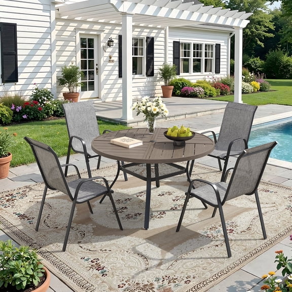 VOXBIN 5 Pieces Patio Dining Set - 40.7" Round Metal Table and 4 Stackable Chairs, Graywood Table and Gray Chairs
