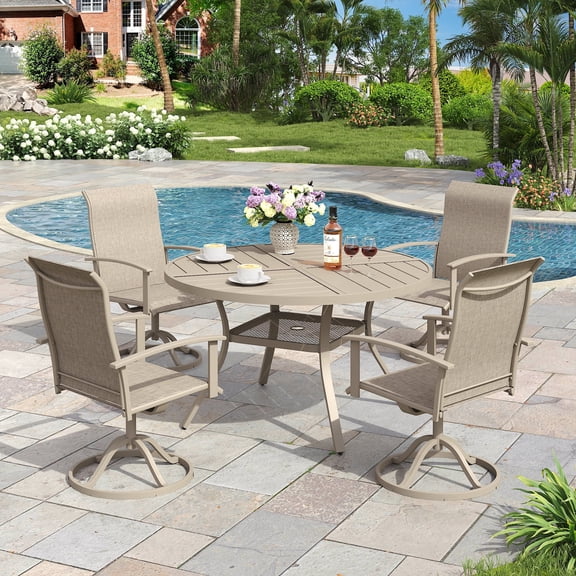 VOXBIN 5 Pieces Patio Dining Set - 40.7" Round Metal Table and 4 Swivel Chairs, Sandshell Table and Sandshell Chairs