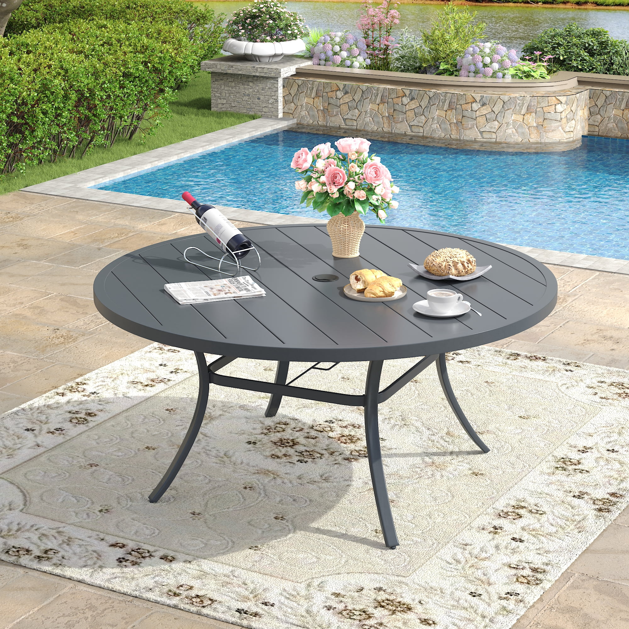 48 round patio table with umbrella hole VOXBIN Round Patio Table with Adjustable Umbrella Hole, All Weather Metal  53.1