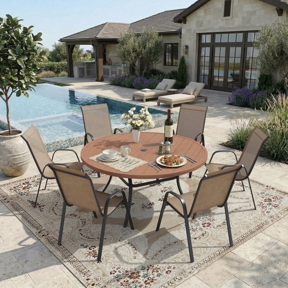 VOXBIN 7 Pieces Patio Dining Set – 50" Round Outdoor Table with Stackable Chairs, Walnut Table and Brown Chairs, for Garden
