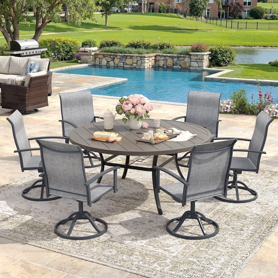 VOXBIN 7 Pieces Patio Dining Set - 53" Round Dining Table with 6 Swivel Chairs Set for Deck, Graywood Table and Gray Chairs