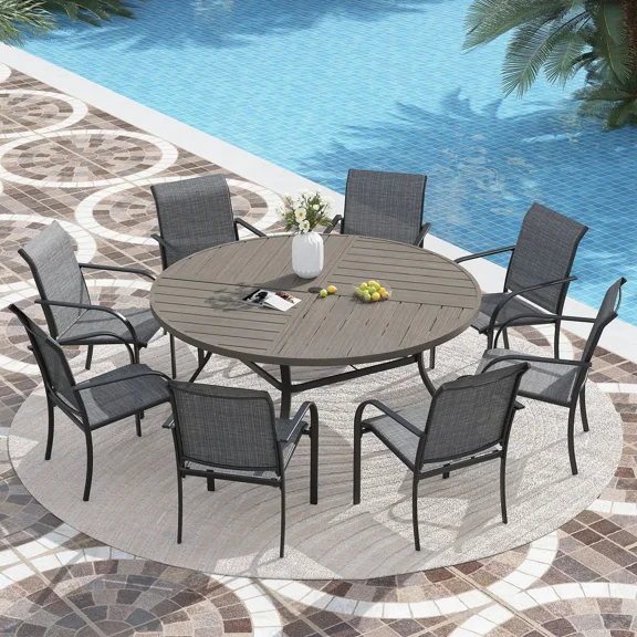 VOXBIN 9-Piece All-Weather Outdoor Garden Dining Set - 53" Round Table with 8 Stackable Fixed Chairs for Backyard Garden