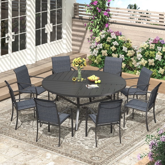 VOXBIN 9-Piece All-Weather Outdoor Garden Dining Set - 53" Round Table with 8 Stackable Fixed Chairs for Backyard Garden