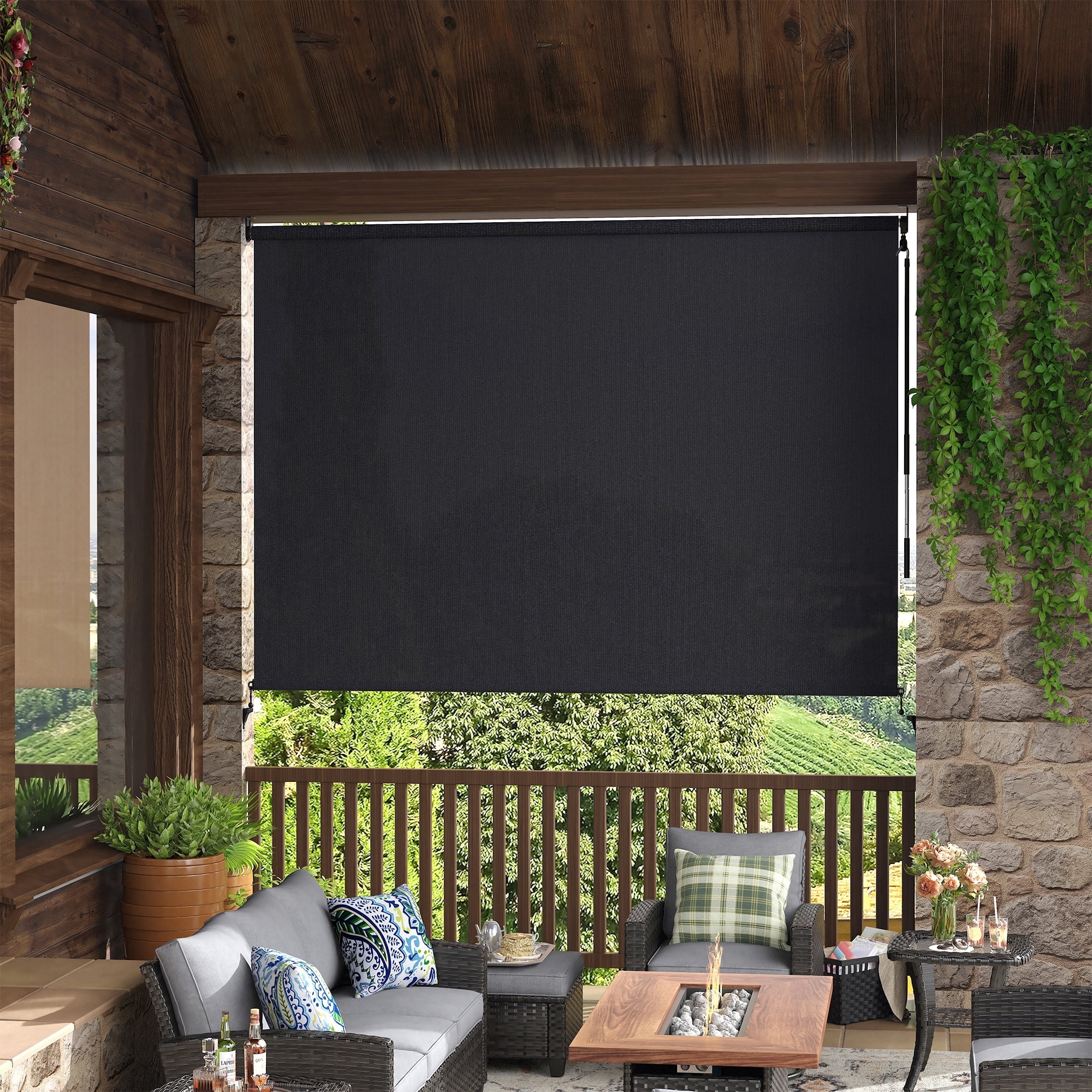 VOXBIN 9'Wx8'H Outdoor Roller Shades, Crank Operated Roll Up Patio Sun