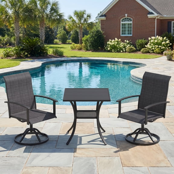 VOXBIN Outdoor Dining Set for 2 Including 28 Inch Round Patio Table and 2 High Back Swivel Chairs, Black&Black