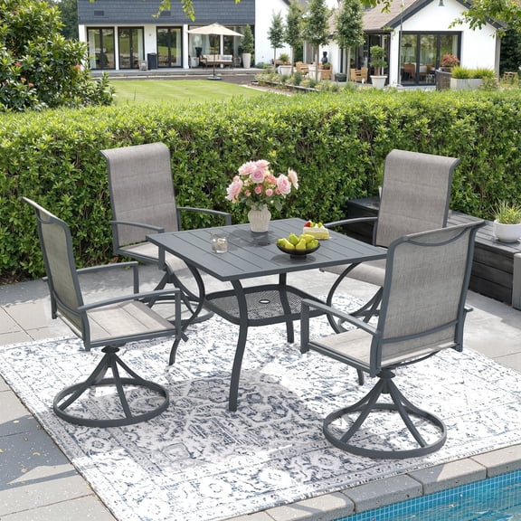 VOXBIN Patio Dining Set for 4 - 37.8" Outdoor Square Table and Swivel Chairs, Grey Tabletop and Fabric