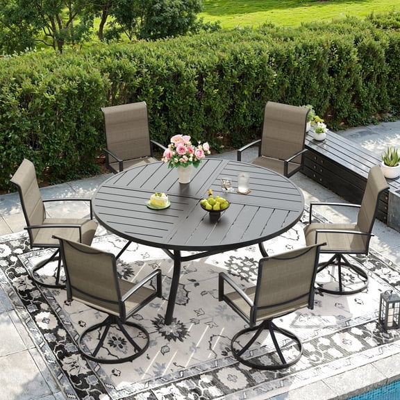 VOXBIN Patio Dining Set for 6 Outdoor Furniture Includes 53.1" Round Patio Table and Swivel Chairs, Black Tabletop and Brown Fabric