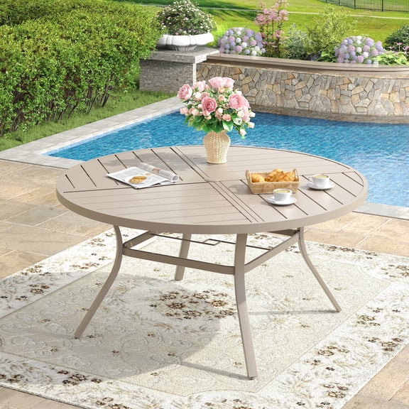 VOXBIN Round Patio Table with Adjustable Umbrella Hole, All Weather Metal 50" Outdoor Table, Sandshell