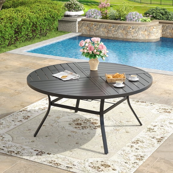 VOXBIN Round Patio Table with Adjustable Umbrella Hole, All Weather Metal 53.1" Outdoor Table, Black
