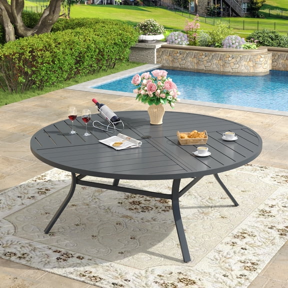 VOXBIN Round Patio Table with Adjustable Umbrella Hole, All Weather Metal 59.8" Outdoor Table, Gray