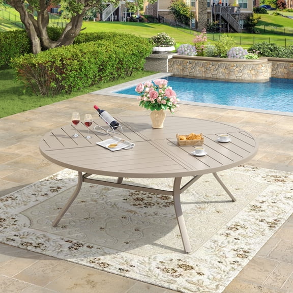 VOXBIN Round Patio Table with Umbrella Hole, All Weather Metal for 8-10, 63" Outside Table, Sandshell