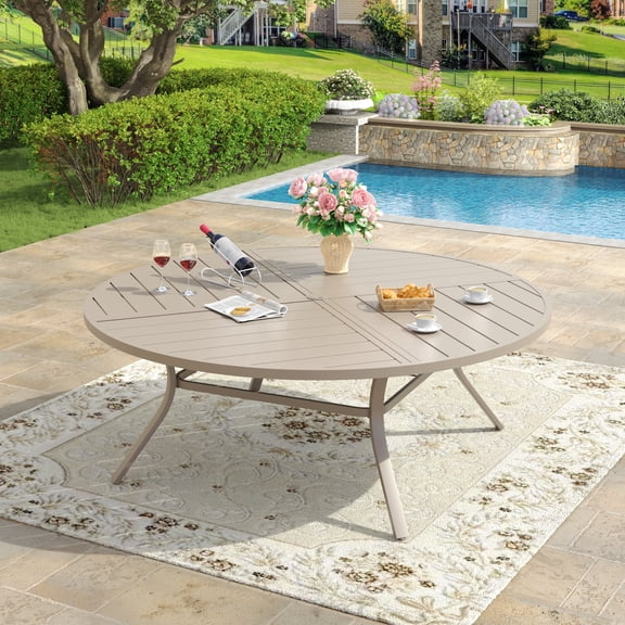 VOXBIN Round Patio Table with Umbrella Hole, All Weather Metal for 8-10, 63" Outside Table, Sandshell