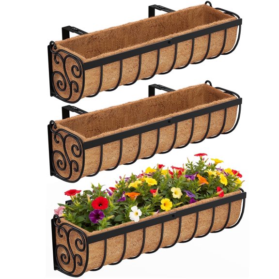 VOXOR 24" Semicircular Metal Window Box Planters with Adjustable Brackets, 3-Pack
