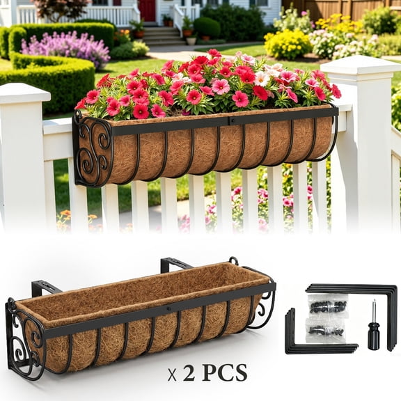 VOXOR 24" Metal Window Box Planters with Adjustable Brackets, Black, 2-Pack