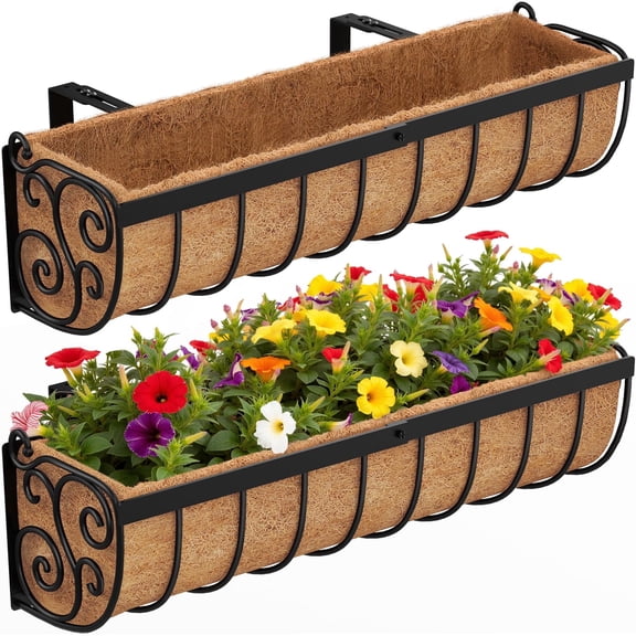VOXOR 24" Semicircular Window Box Planters with Adjustable Brackets & Coco Liner, Metal Railing Hanging Planter for Balcony, Fence, and Porch, Rust Resistant, Black (2-Pack)
