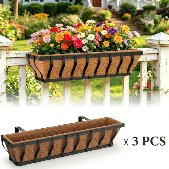 VOXOR Adjustable Metal Railing Planter Box with Coco Liner, 3 pack, 30 ...