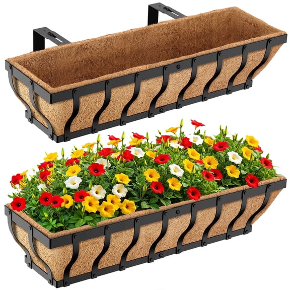 VOXOR 30" Rectangular Window Box Planters with Coco Liner, Heavy Duty Hanging Railing Planter for Deck, Balcony and Fence, Adjustable Brackets & Support Rod, Black (2-Pack)