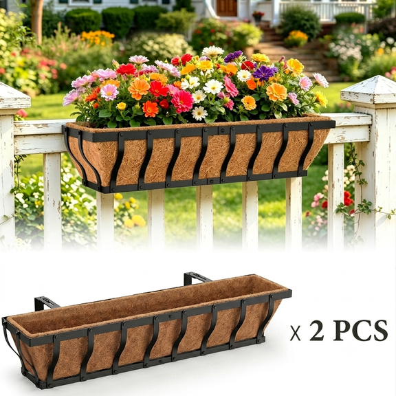 VOXOR Adjustable Metal Railing Planter Box with Coco Liner, 2 pack, 30 inch, Black