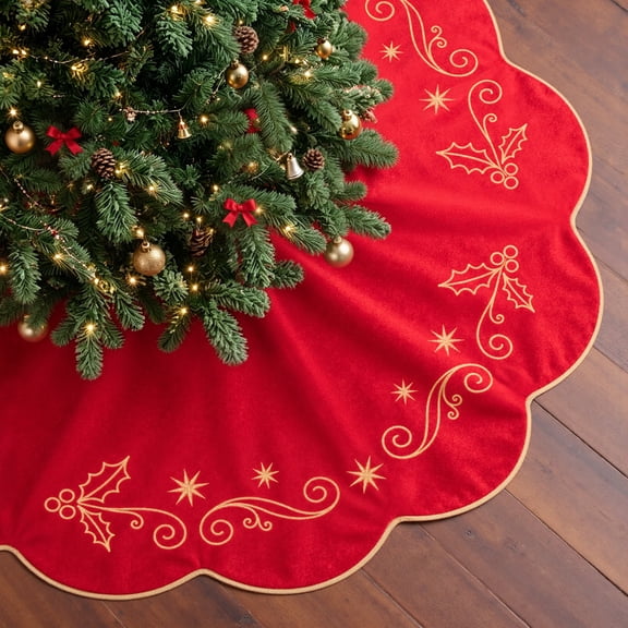 VOXOR 48 Inch Christmas Tree Skirt, Large Red Velvet Tree Skirt with Gold Embroidery, Vintage Tree Skirts with Hook and Loop Closure for 7 & 7.5 & 8 Feet Trees, Xmas Decorations for Home Living Room