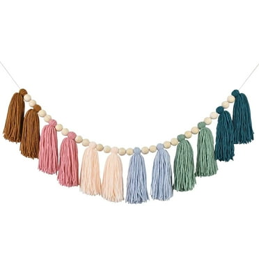 VOYOAO Rainbow Boho Tassel Garland with Wood Beads Colorful Wall Hanging Garland Party Baby Shower Decor Decorative Banner Pastel Tassel Garland for Room Classroom Bedroom Nursery Home Decoration