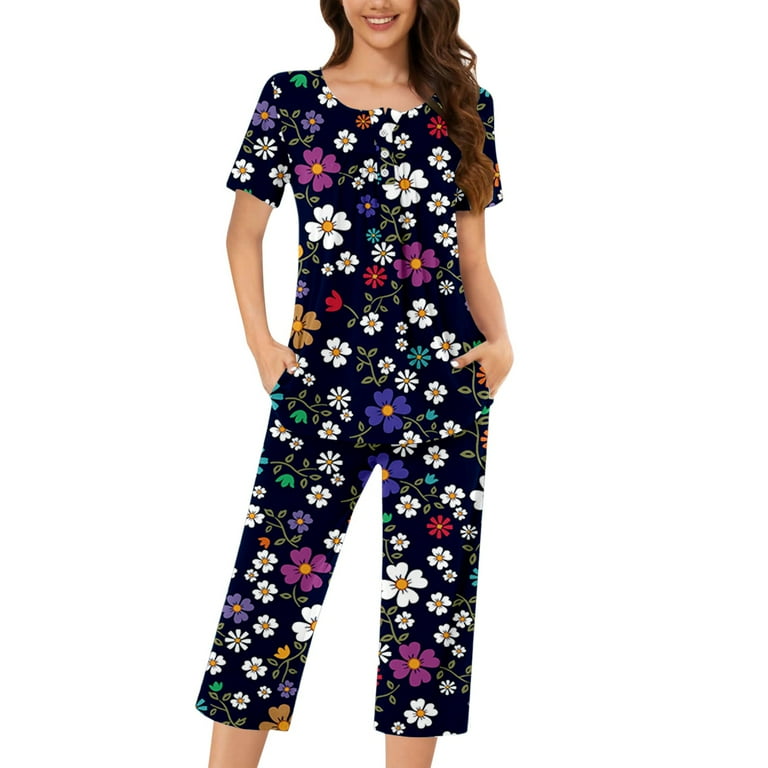 VOYOAO Women s Capri Pajama Sets Short Sleeve Sleepwear Top and Stripe Print Capri Pants 2 Piece Loungewear Comfy Nightwear Walmart