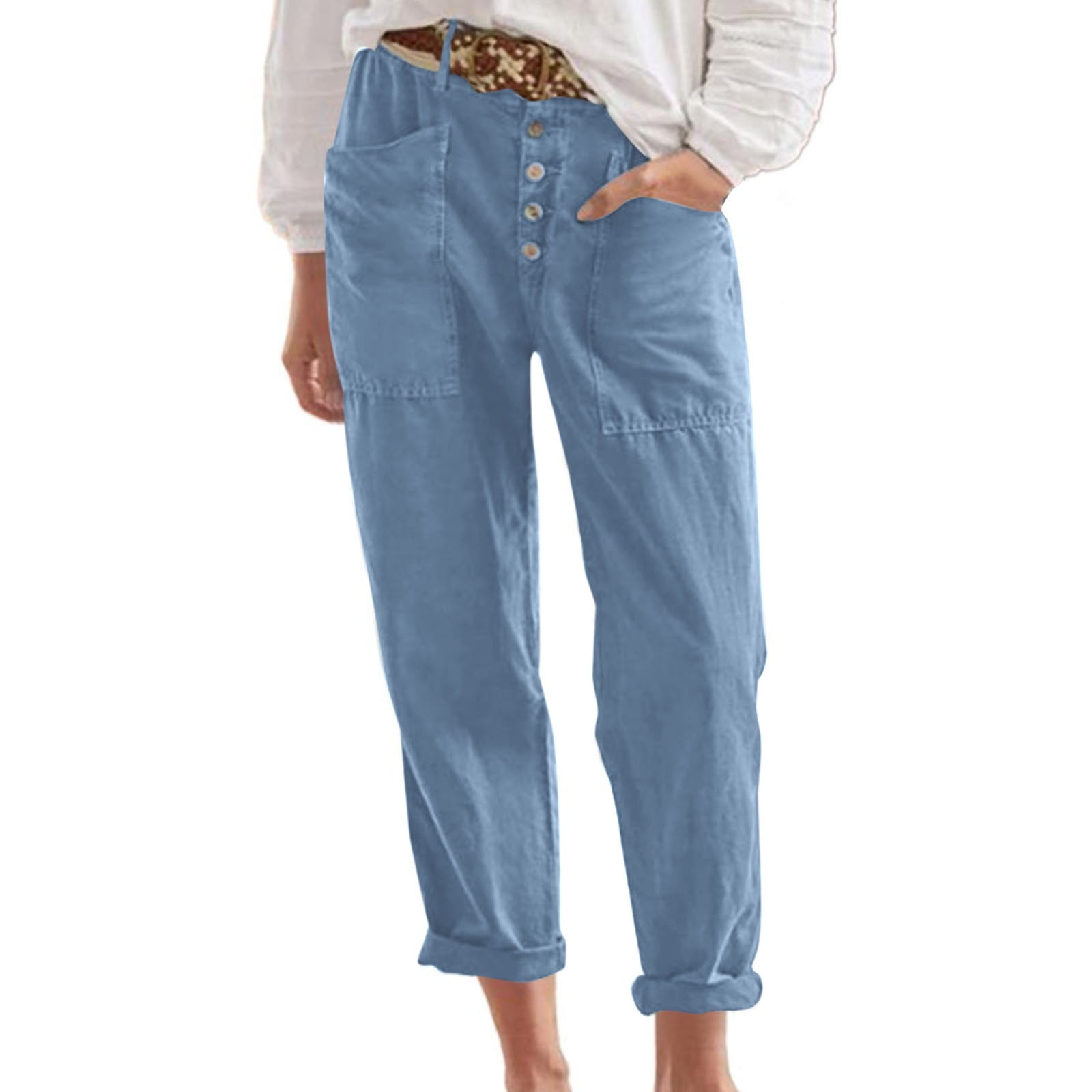 VOYOAO Womens Linen Pants Summer Casual Beach Pants Solid Color Cropped ...