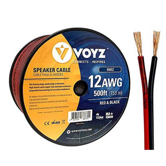 VOYZ 12 AWG Speaker Wire Cable with Flex Oxygen Free BLACK/RED PVC Sheathing Ideal for Solar Panels, Home Theater Speakers and Car Speakers Installation (500 Feet)