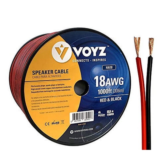 VOYZ 18 AWG Speaker Wire Cable with Flex Oxygen Free BLACK/RED PVC Sheathing Ideal for Solar Panels, Home Theater Speakers and Car Speakers Installation (1000 Feet)