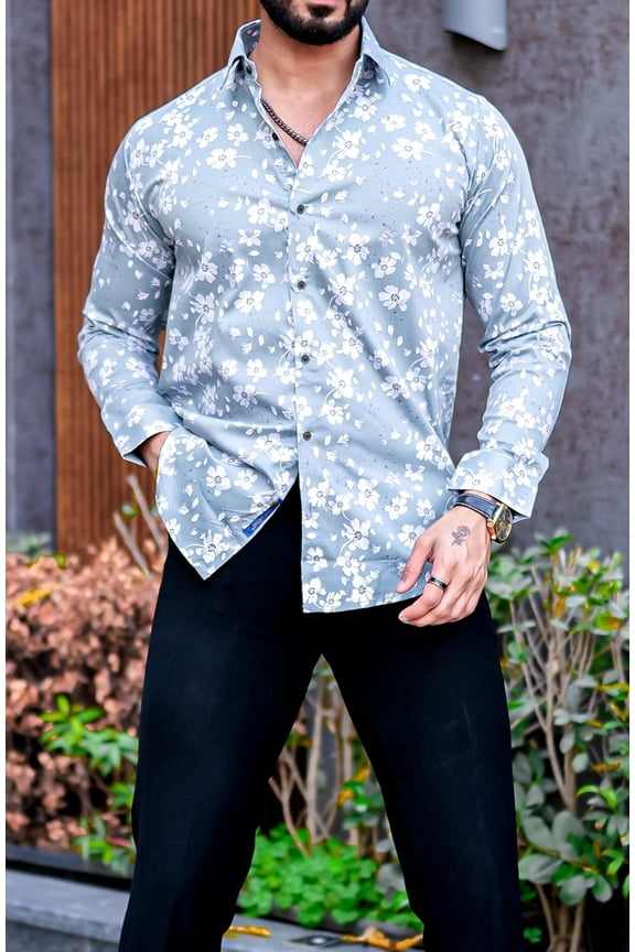 Naso Floral Printed Men's Shirt with Long Sleeves, Relaxed Fit Melange Lycra - Sizes L