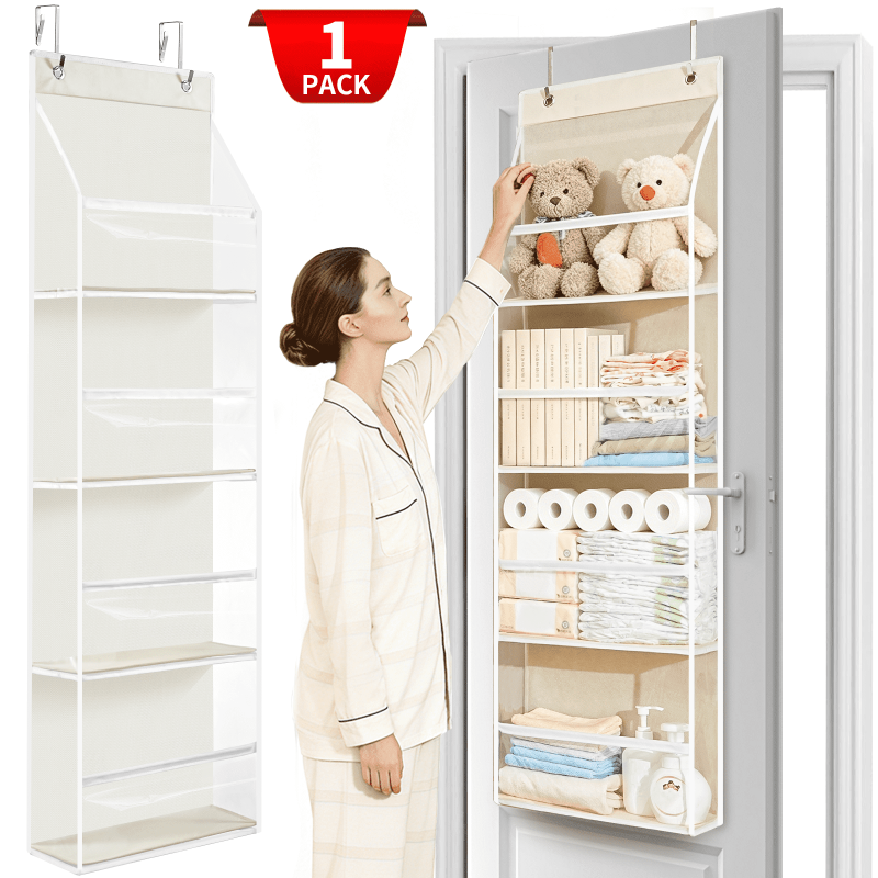 VOZOGO 1 Pack Over Door Organizer with 4 Large Pockets, 60 lbs Weight Capacity Hanging Storage Organizer with Clear Window Kids Toys, Shoes, Diapers,Off-white