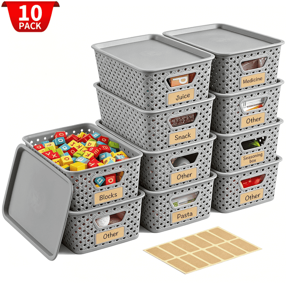 VOZOGO 10PCS Small Plastic Storage Baskets with Lids Stackable Box Bins Pantry Decorative Containers Cute with Labels for Organizing Desktop Closet Office,Grey