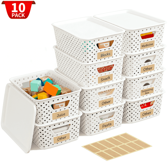 VOZOGO 10 Pack Small Plastic Storage Basket with Lids 5.2qt Stackable Box Bins Pantry Decorative Containers Cute with Lable for Organizing Desktop Closet Office,White