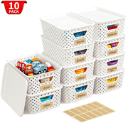 VOZOGO 10PCS Small Plastic Storage Baskets with Lid Stackable Bins with Labels Container for Organizing Storage Box for Shelves Office Cabinet Drawer,Cream White