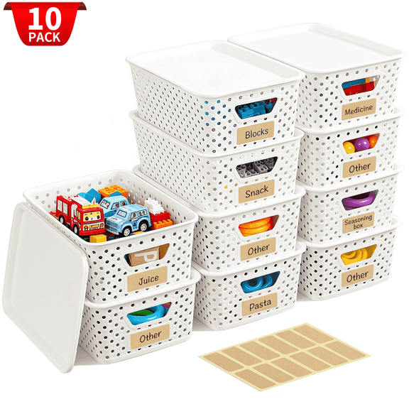 VOZOGO 10PCS Small Plastic Storage Baskets with Lid Stackable Bins with Labels Container for Organizing Storage Box for Shelves Office Cabinet Drawer,Cream White