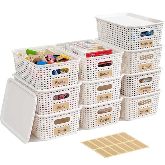 VOZOGO 10PCS Plastic Storage Bins with Lid Handle Plastic Storage Baskets with Lid Stackable Container for Organizing Small Storage Box for Shelves Office Cabinet Drawer ,White