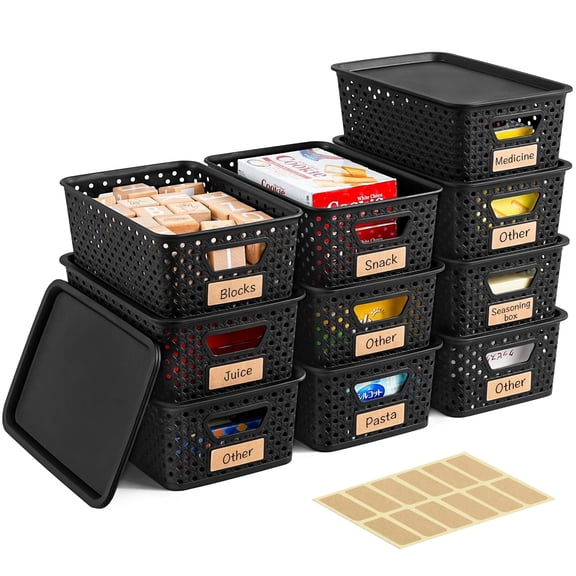 VOZOGO 10PCS Small Plastic Storage Baskets with Lid Stackable Bins with Labels Container for Organizing Storage Box for Shelves Office Cabinet Drawer,Black
