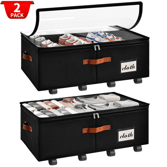 VOZOGO 2 Pack Under Bed Storage Containers with Wheels Under Bed Organizers and Storage Bins with Clear Lid and Handles Under the Bed Drawers for Sheets, Blanket, Clothing, Sweaters, Pillows