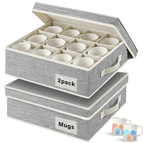 VOZOGO Cup and Mug Storage Box with Dividers for Coffee Mugs,Tea Cups and Glasses,Stackable Storage Organizers with Lid,Handles and Label for Moving,Holds 12,2 Pack, Grey
