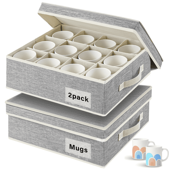 VOZOGO Cup and Mug Storage Box with Dividers for Coffee Mugs,Tea Cups and Glasses,Stackable Storage Organizers with Lid,Handles and Label for Moving,Holds 12,2 Pack, Grey