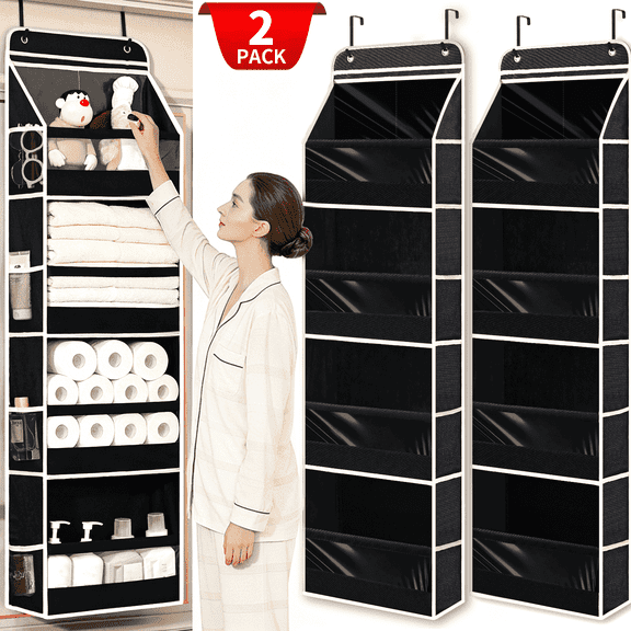 VOZOGO 2 Pack Over Door Organizer with 4 Large Pockets 8 Mesh Side Pockets, 60 lbs Weight Capacity Hanging Storage Organizer with Clear Window Kids Toys, Shoes, Diapers, Black, 4 Layers