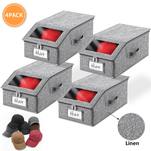 VOZOGO 4PCS Linen Stackable Hat Storage for Baseball Caps, Hats Storage Holder for Closet, Sturdy Hat Boxes Container with Clear Window for Home, Gray