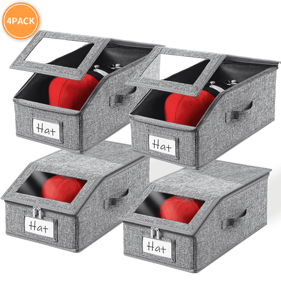 VOZOGO 4PCS Linen Stackable Hat Storage for Baseball Caps, Hats Storage Holder for Closet, Sturdy Hat Boxes Container with Clear Window for Home, Gray