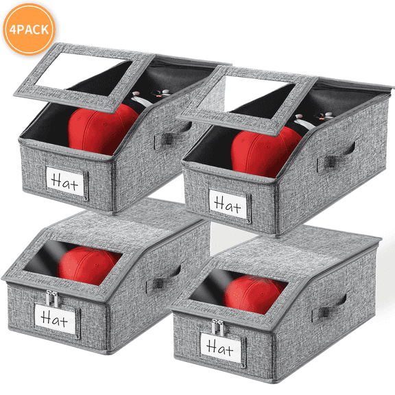 VOZOGO 4PCS Hat Storage for Baseball Caps,Holds up to 24 Caps Linen Hat Organizer for Closet Sturdy Hat Boxes Container with Cardboard for Home, Gray
