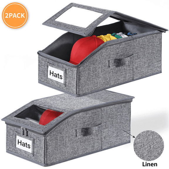 VOZOGO 2PCS Hat Storage for Baseball Caps, Stackable Hat Organizer Holder, Dust-Proof Linen Hat Boxes Container with Clear Window for Home, Gray